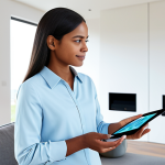 **Prompt 1: Seamless AI Integration in a Modern Home**
    A serene, professional woman in modest, comfortable clothing, gently interacting with a sleek tablet that displays integrated smart home controls. She is in a spacious, modern living room with soft, adaptive lighting and a subtle, minimalist smart speaker visible. The atmosphere is one of effortless convenience and advanced technology, emphasizing seamless AI integration for daily comfort. Perfect anatomy, correct proportions, natural pose, well-formed hands, proper finger count, natural body proportions. safe for work, appropriate content, fully clothed, professional, family-friendly, high-quality, ultra-detailed, photorealistic.