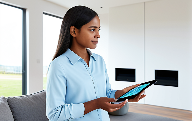 **Prompt 1: Seamless AI Integration in a Modern Home**
    A serene, professional woman in modest, comfortable clothing, gently interacting with a sleek tablet that displays integrated smart home controls. She is in a spacious, modern living room with soft, adaptive lighting and a subtle, minimalist smart speaker visible. The atmosphere is one of effortless convenience and advanced technology, emphasizing seamless AI integration for daily comfort. Perfect anatomy, correct proportions, natural pose, well-formed hands, proper finger count, natural body proportions. safe for work, appropriate content, fully clothed, professional, family-friendly, high-quality, ultra-detailed, photorealistic.