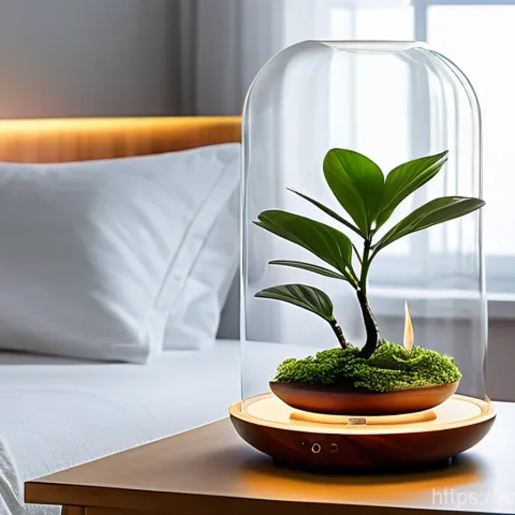 디퓨저 선택 팁 - **A serene bedroom sanctuary.** An elegant ultrasonic diffuser, shaped like a smooth, modern glass s...