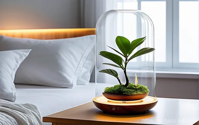 디퓨저 선택 팁 - **A serene bedroom sanctuary.** An elegant ultrasonic diffuser, shaped like a smooth, modern glass s...
