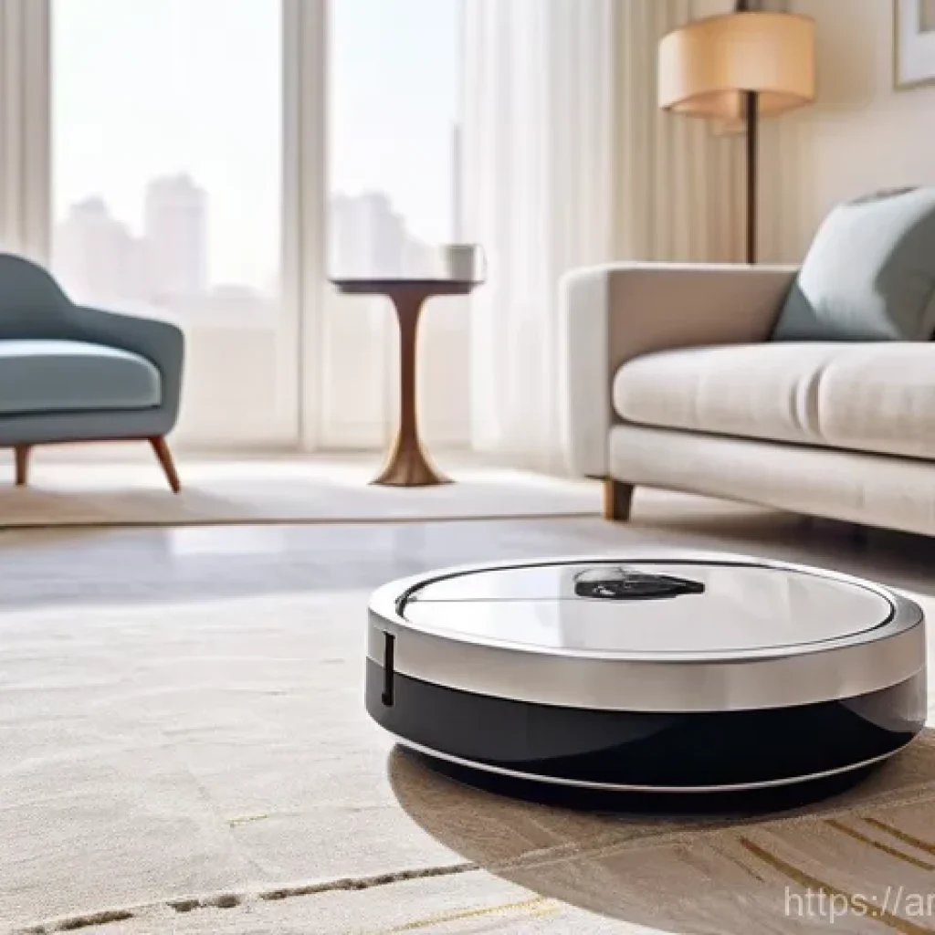 로봇청소기와 진공청소기 비교 - **Prompt:** A serene, modern Arab living room bathed in soft morning light. A sleek, minimalist robo...