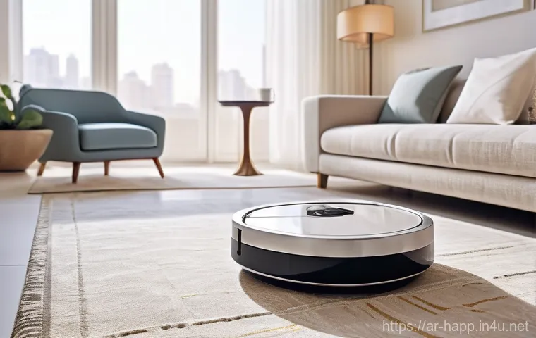 로봇청소기와 진공청소기 비교 - **Prompt:** A serene, modern Arab living room bathed in soft morning light. A sleek, minimalist robo...