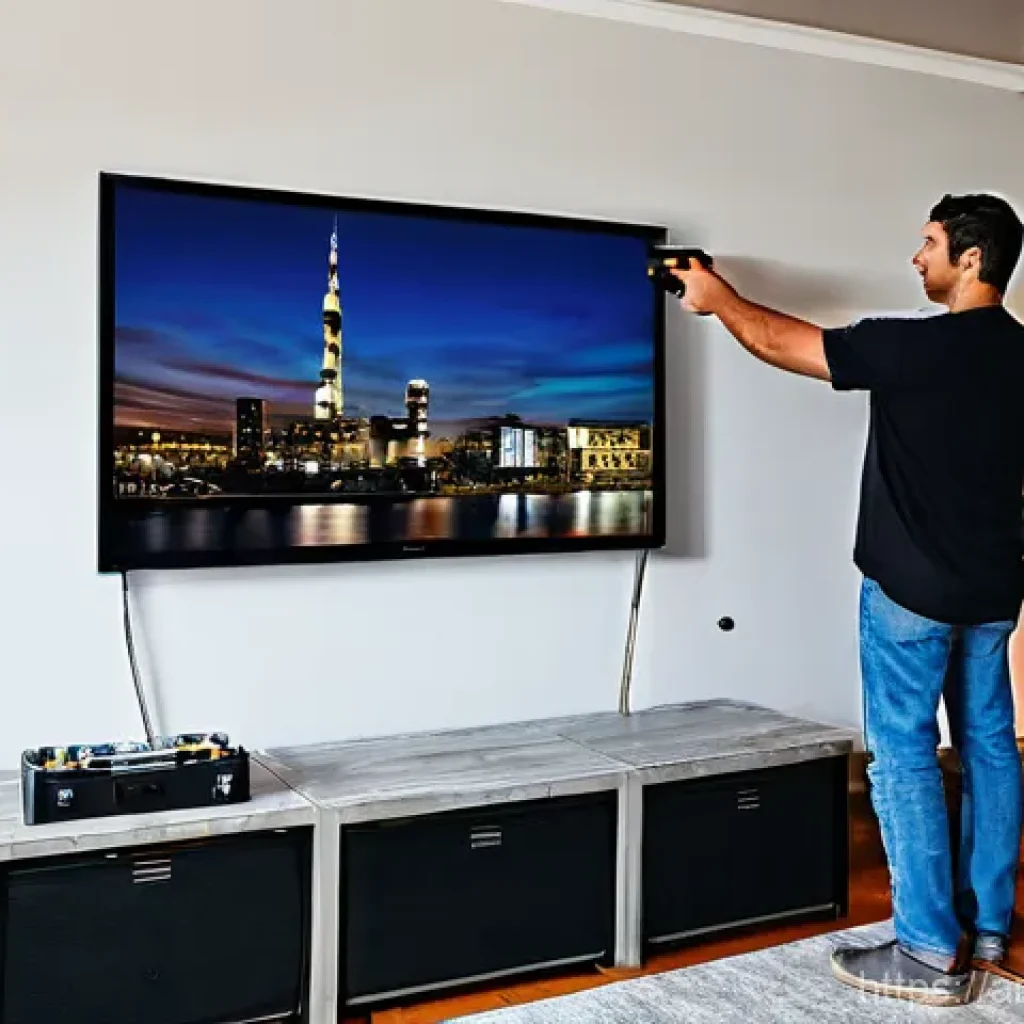 TV 벽걸이 설치 도구 - **Prompt 1: The Meticulous Preparations for a Modern Home Cinema**
    "A clean, well-lit contempora...