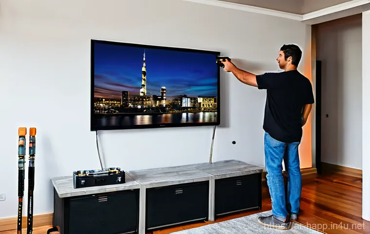 TV 벽걸이 설치 도구 - **Prompt 1: The Meticulous Preparations for a Modern Home Cinema**
    "A clean, well-lit contempora...