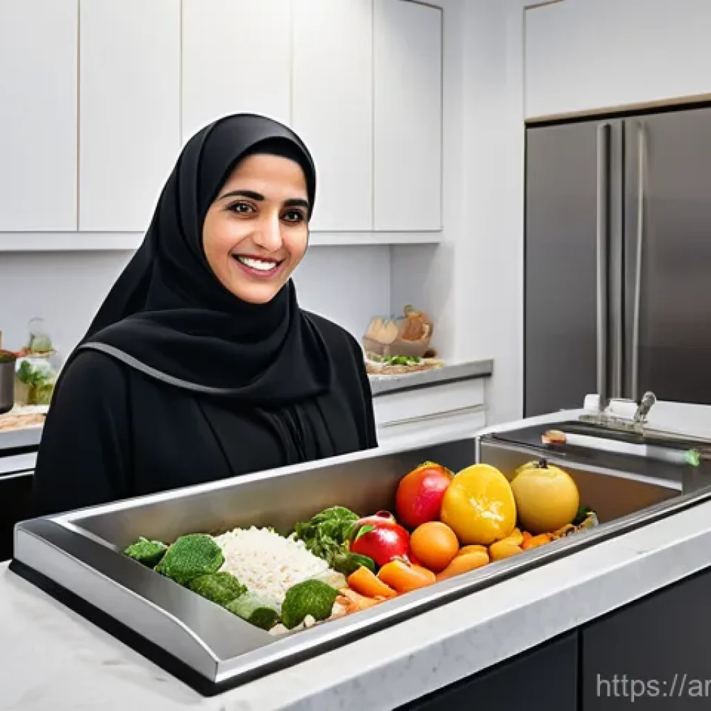 음식물 처리기의 종류 - **Prompt:** A vivid, photo-realistic image depicting a modern Arab kitchen. On the left side, show a...