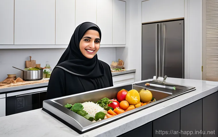 음식물 처리기의 종류 - **Prompt:** A vivid, photo-realistic image depicting a modern Arab kitchen. On the left side, show a...