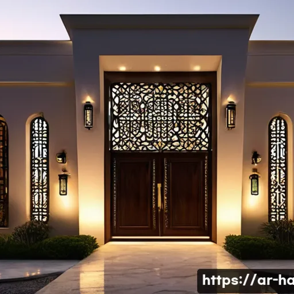 홈시큐리티 시스템 설정 - A modern Arabic home exterior at dusk, showcasing smart security cameras with facial recognition tec...
