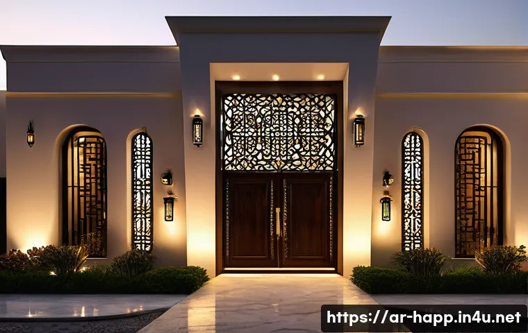 홈시큐리티 시스템 설정 - A modern Arabic home exterior at dusk, showcasing smart security cameras with facial recognition tec...
