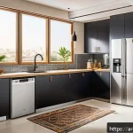 홈가전 고장 사례와 예방 - A modern Middle Eastern kitchen interior showcasing home appliances such as a refrigerator, microwav...