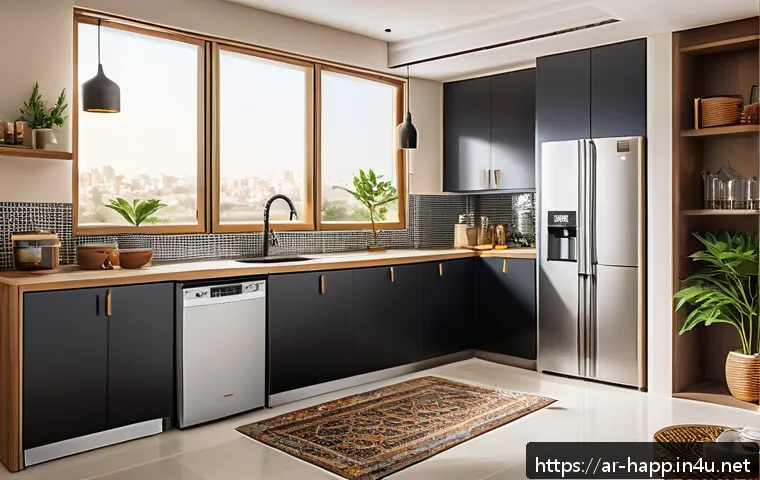 홈가전 고장 사례와 예방 - A modern Middle Eastern kitchen interior showcasing home appliances such as a refrigerator, microwav...