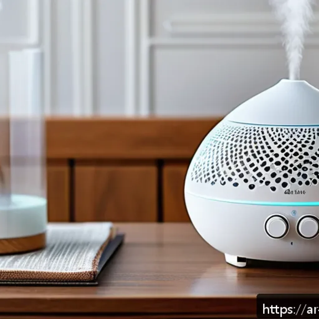 가습기 관리 요령 - A modern Middle Eastern living room scene featuring a sleek ultrasonic cool mist humidifier placed o...