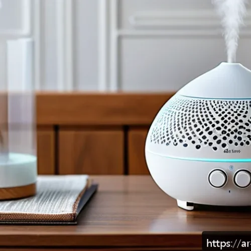 가습기 관리 요령 - A modern Middle Eastern living room scene featuring a sleek ultrasonic cool mist humidifier placed o...
