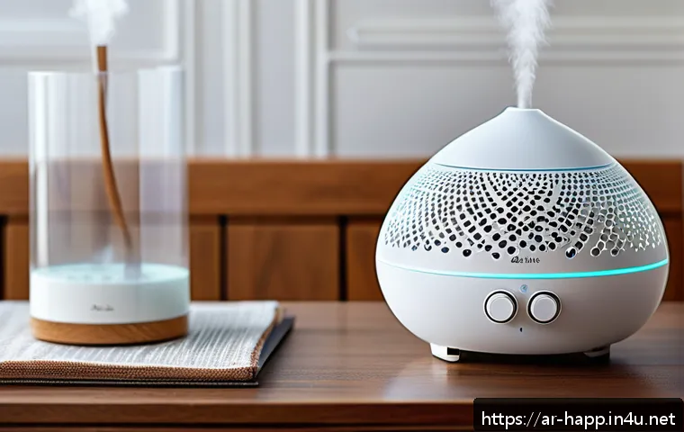 가습기 관리 요령 - A modern Middle Eastern living room scene featuring a sleek ultrasonic cool mist humidifier placed o...