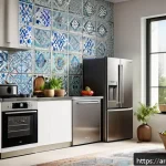 가전제품의 친환경 인증 - A modern Middle Eastern kitchen scene featuring eco-friendly home appliances with visible internatio...