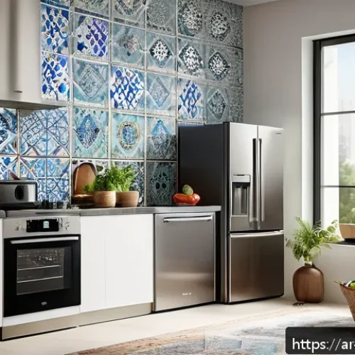 가전제품의 친환경 인증 - A modern Middle Eastern kitchen scene featuring eco-friendly home appliances with visible internatio...