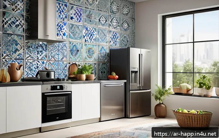 가전제품의 친환경 인증 - A modern Middle Eastern kitchen scene featuring eco-friendly home appliances with visible internatio...