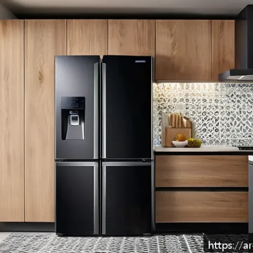 스마트 냉장고 활용법 - A modern Arab kitchen interior featuring a sleek Samsung Family Hub smart refrigerator with a large ...