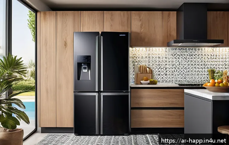 스마트 냉장고 활용법 - A modern Arab kitchen interior featuring a sleek Samsung Family Hub smart refrigerator with a large ...