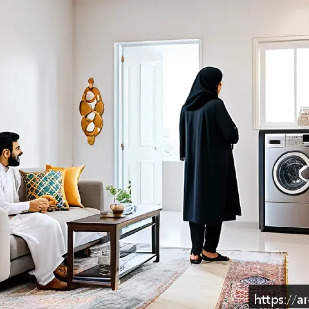 홈가전 렌탈 장단점 - A modern Arabic living room setting showcasing a young Arab family discussing home appliance rental ...