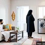 홈가전 렌탈 장단점 - A modern Arabic living room setting showcasing a young Arab family discussing home appliance rental ...