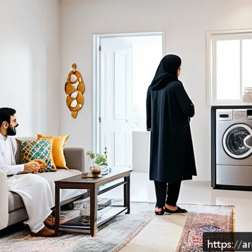 홈가전 렌탈 장단점 - A modern Arabic living room setting showcasing a young Arab family discussing home appliance rental ...