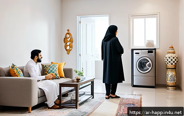 홈가전 렌탈 장단점 - A modern Arabic living room setting showcasing a young Arab family discussing home appliance rental ...