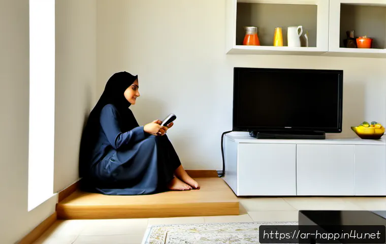 가전제품 전자파 차단 방법 - Photorealistic modern Arab family living room, a modestly dressed woman unplugging a kitchen applian...
