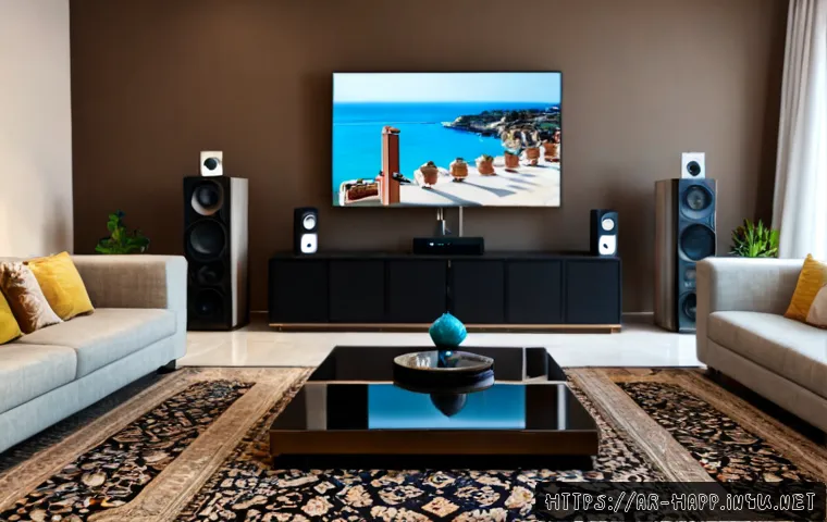 홈 오디오 시스템 설정 - Photorealistic modern Arabic family living room with a neatly arranged home audio